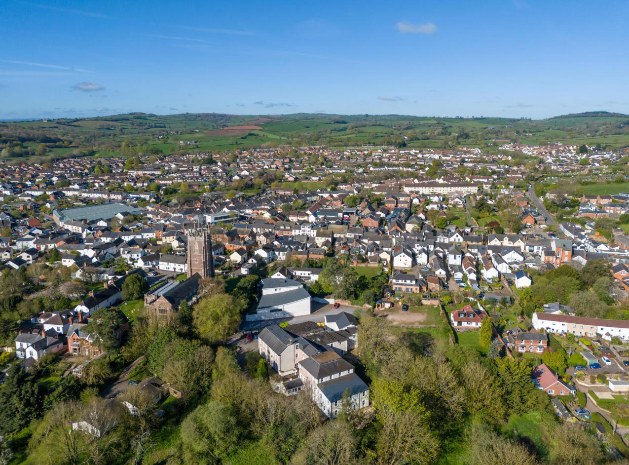 Aerial view of Cullompton town centre in Mid Devon