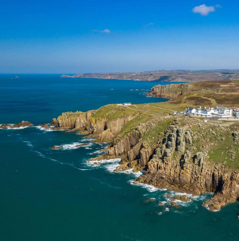 Aerial view of Land's End and the dramatic Cornish coastline