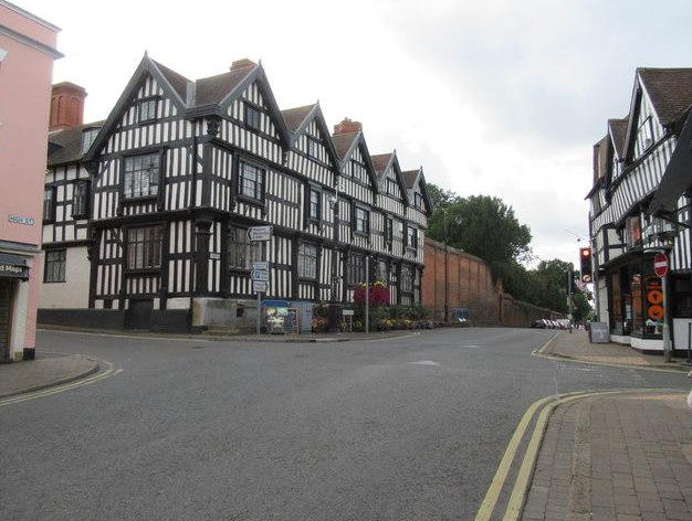 Historic black and white timber-framed buildings in Hereford city centre
