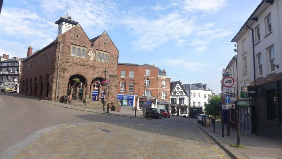 Historic market area in Hereford city centre with traditional buildings