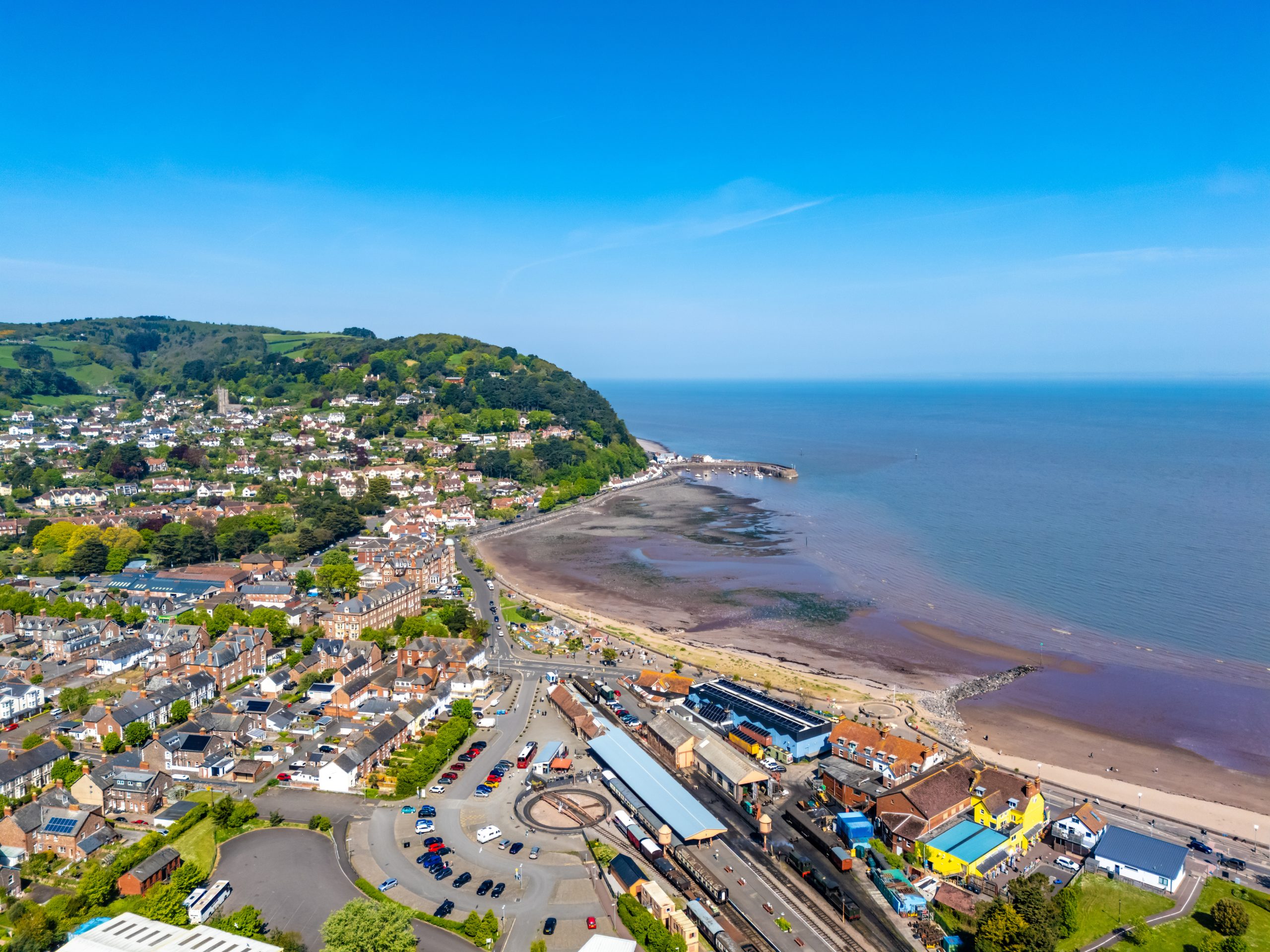 Aerial view of Minehead harbour, beach and seafront in Somerset