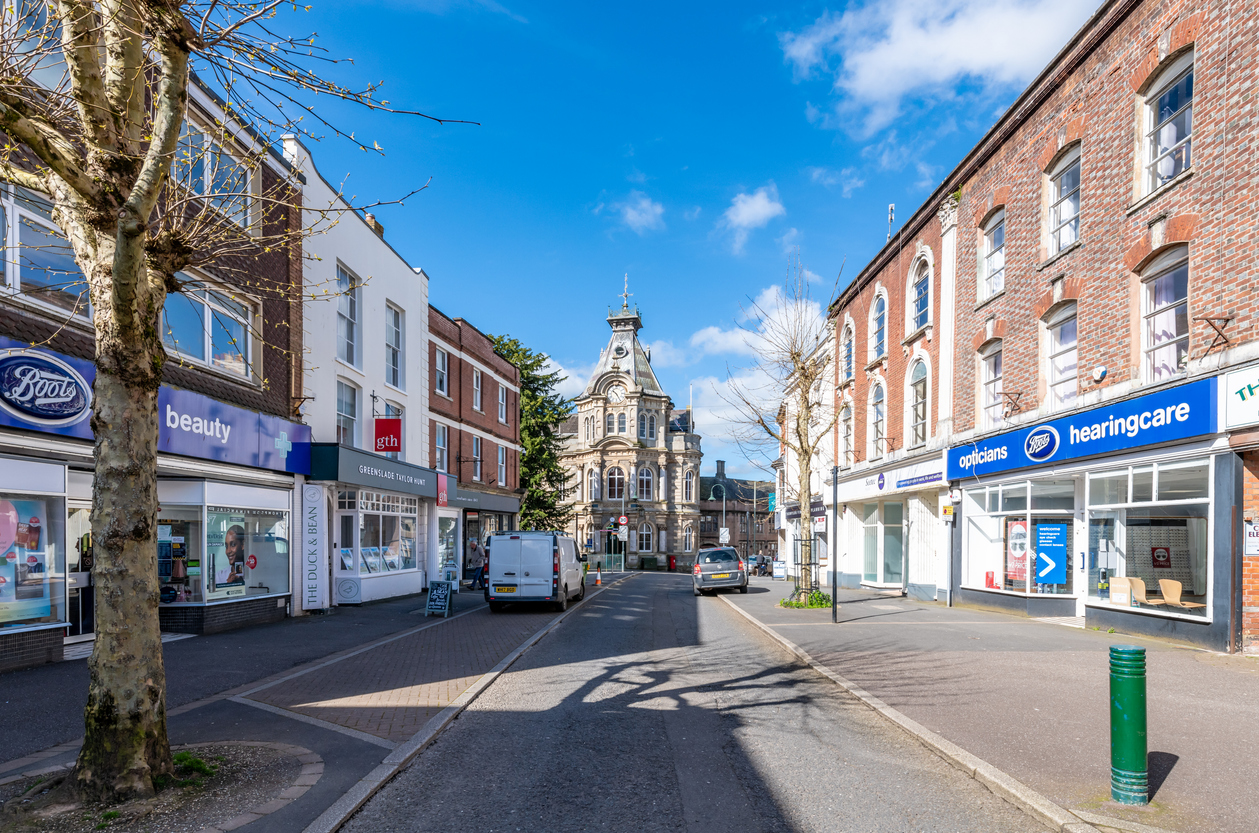 Tiverton Town Hall and town centre in Mid Devon