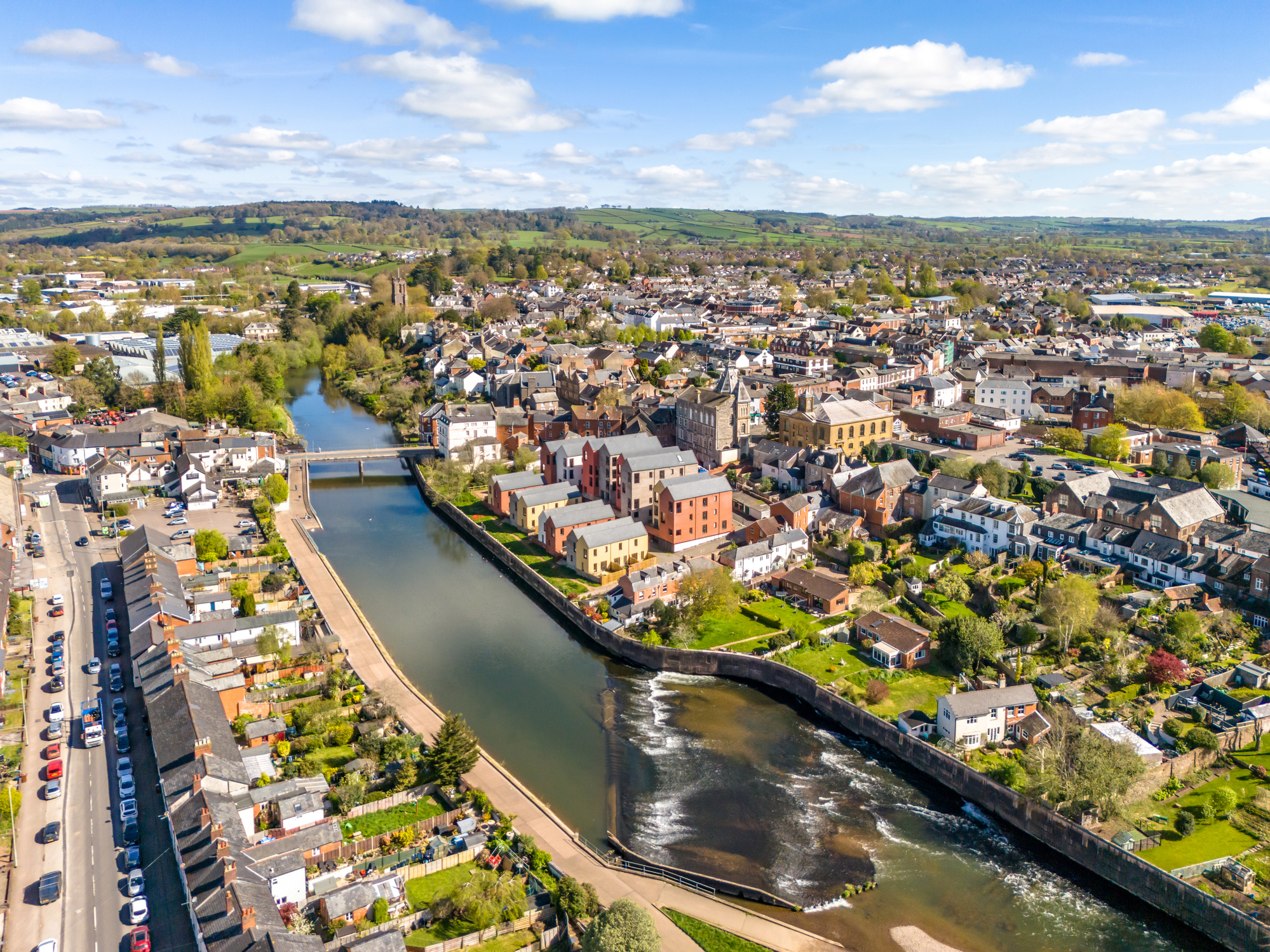 Aerial view of Tiverton town centre and the River Exe in Devon