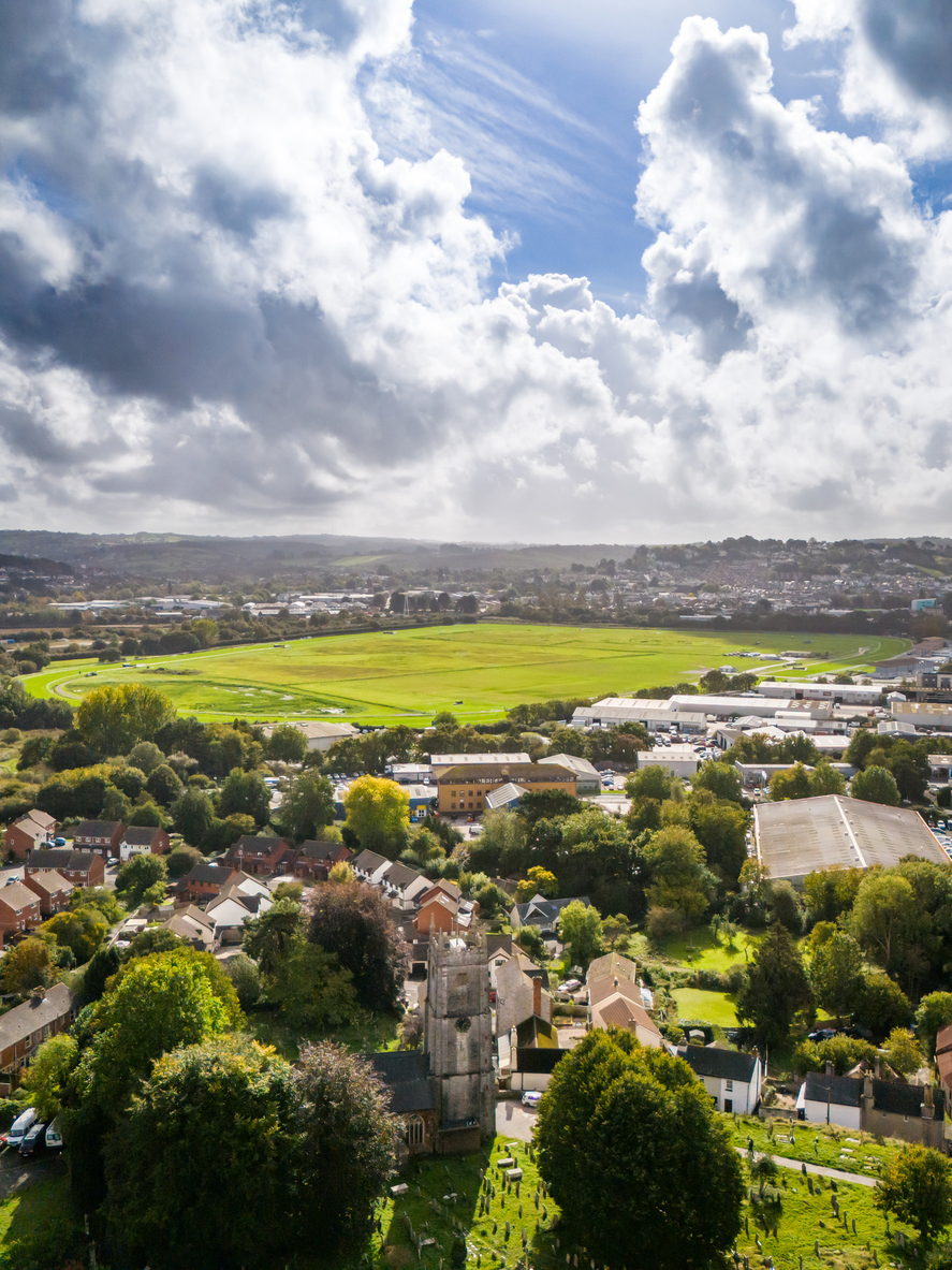 Aerial view of Newton Abbot Racecourse and town in Devon