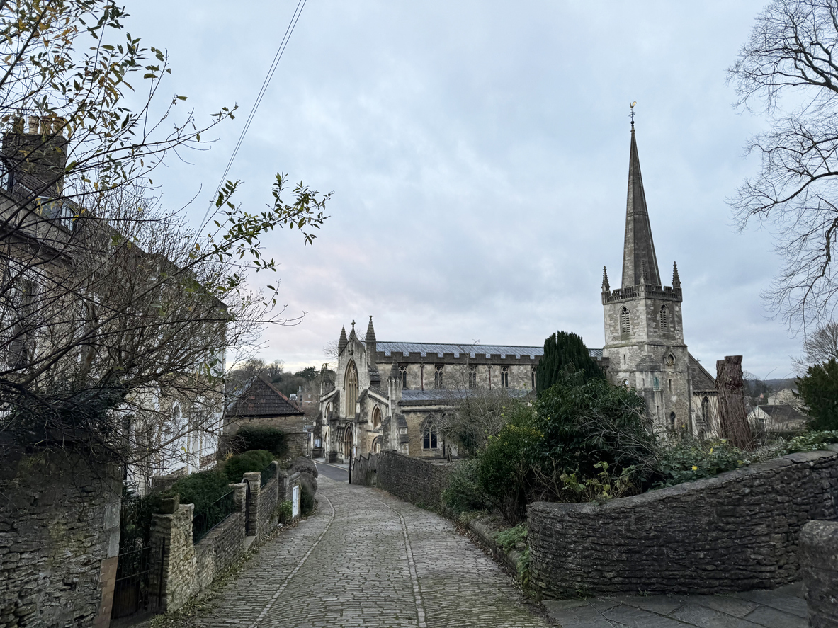 St John's Church and historic lane in Frome, Somerset