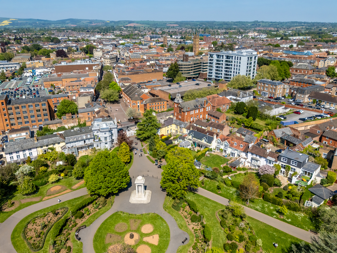 Aerial view of Vivary Park and Taunton town centre in Somerset
