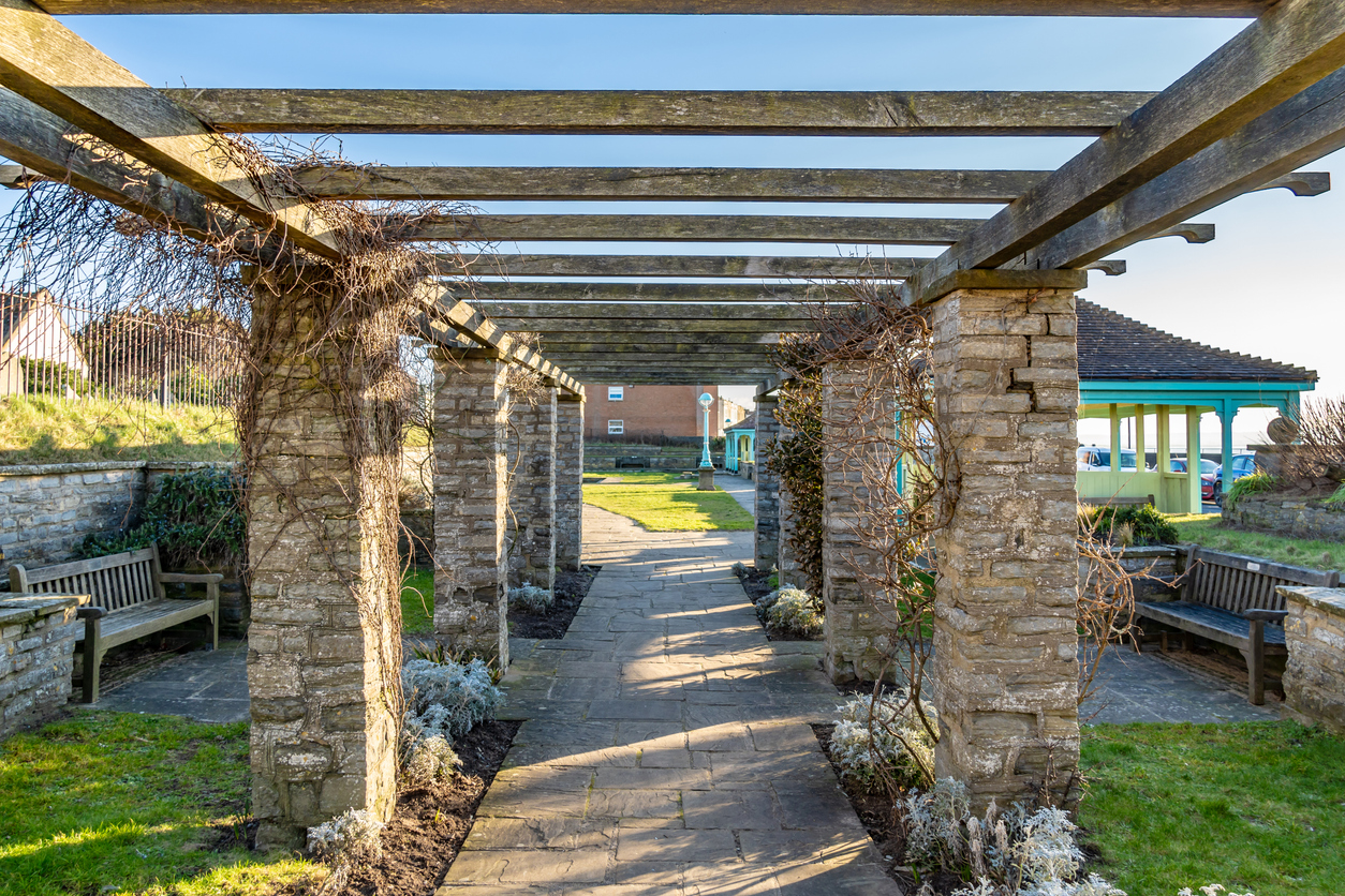 Landscaped gardens and pergola near the Burnham-on-Sea seafront