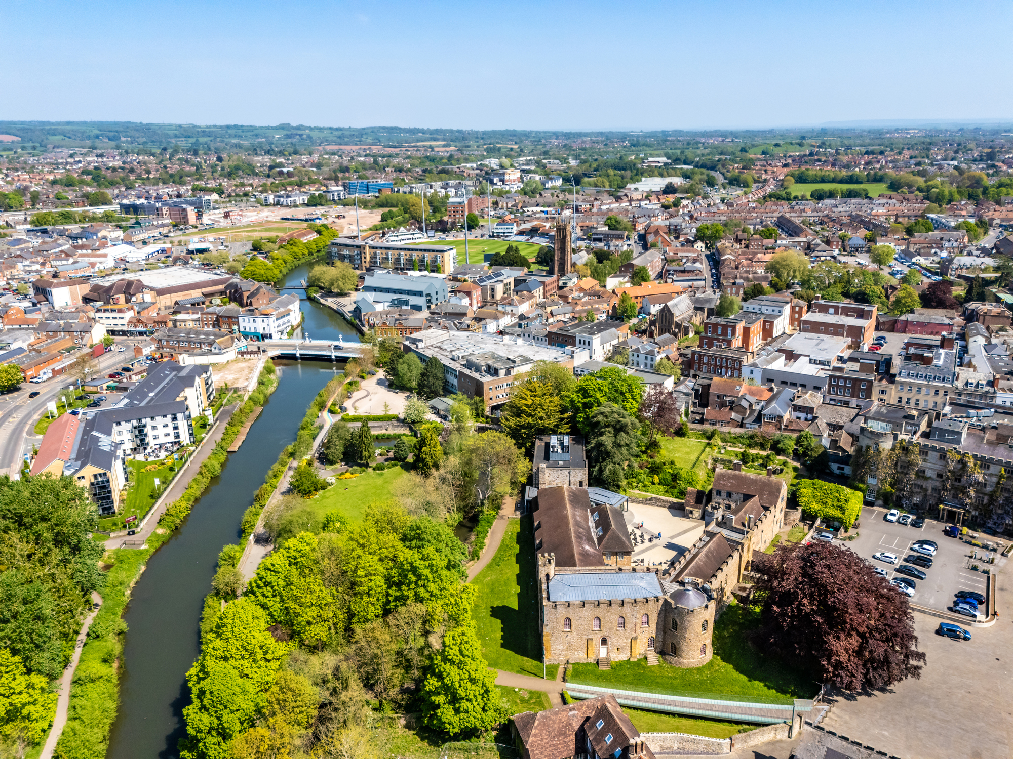 Aerial view of Taunton and the River Tone in Somerset