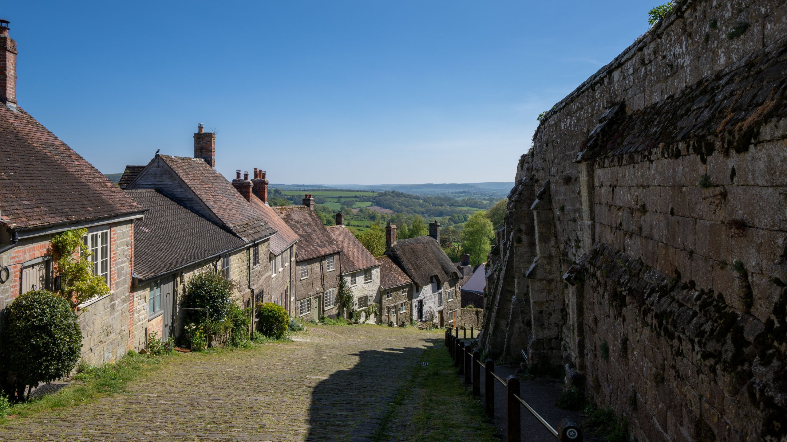 Historic stone cottages and countryside in Axbridge, Somerset