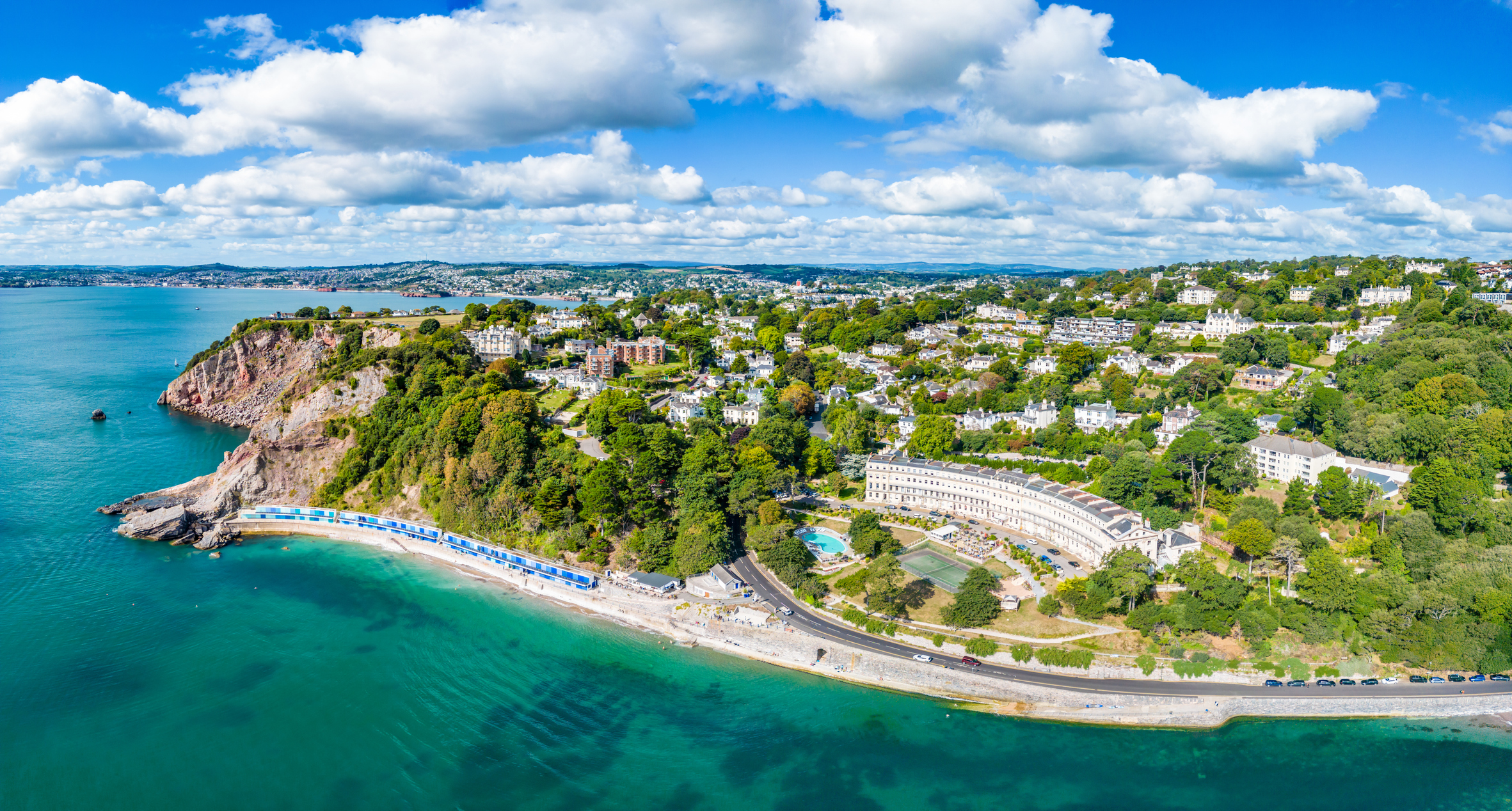 Aerial view of Meadfoot Beach and Torquay coastline in Devon
