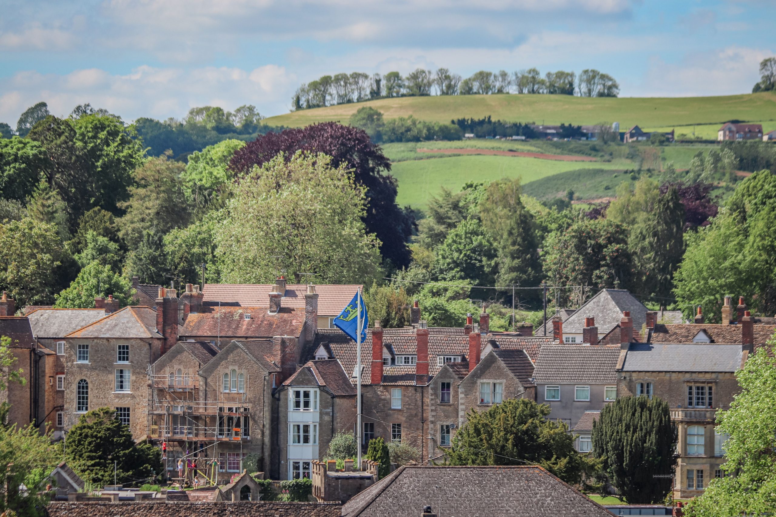 Traditional homes and countryside in Midsomer Norton, Somerset