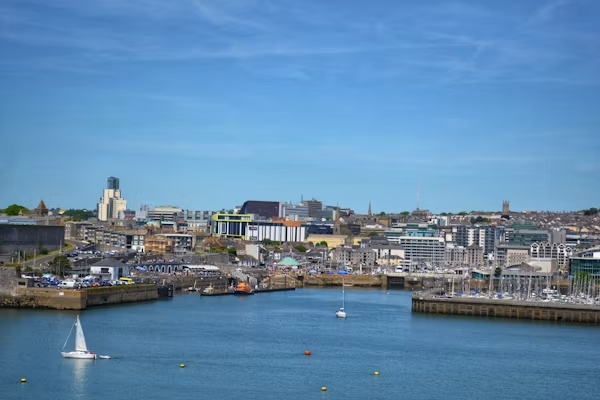 Panoramic view across Plymouth waterfront and city in Devon