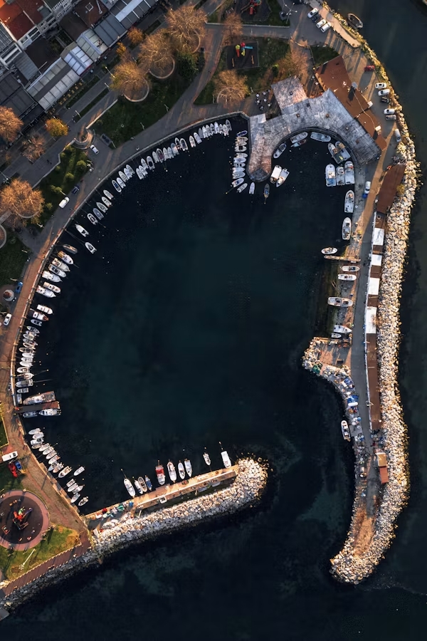 Aerial view of Plymouth marina and boats on the waterfront