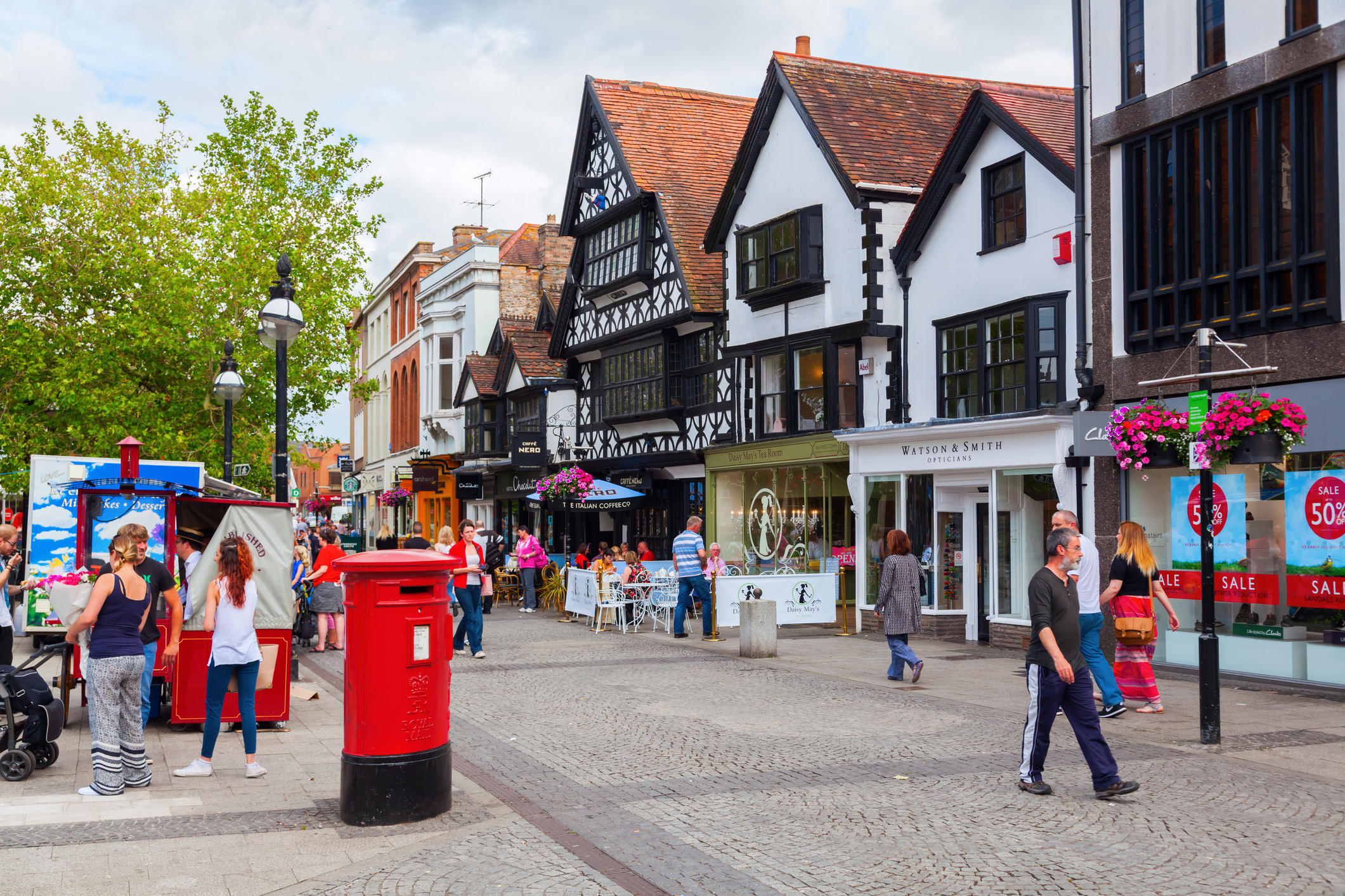 Historic Taunton town centre in Somerset with independent shops and cafés
