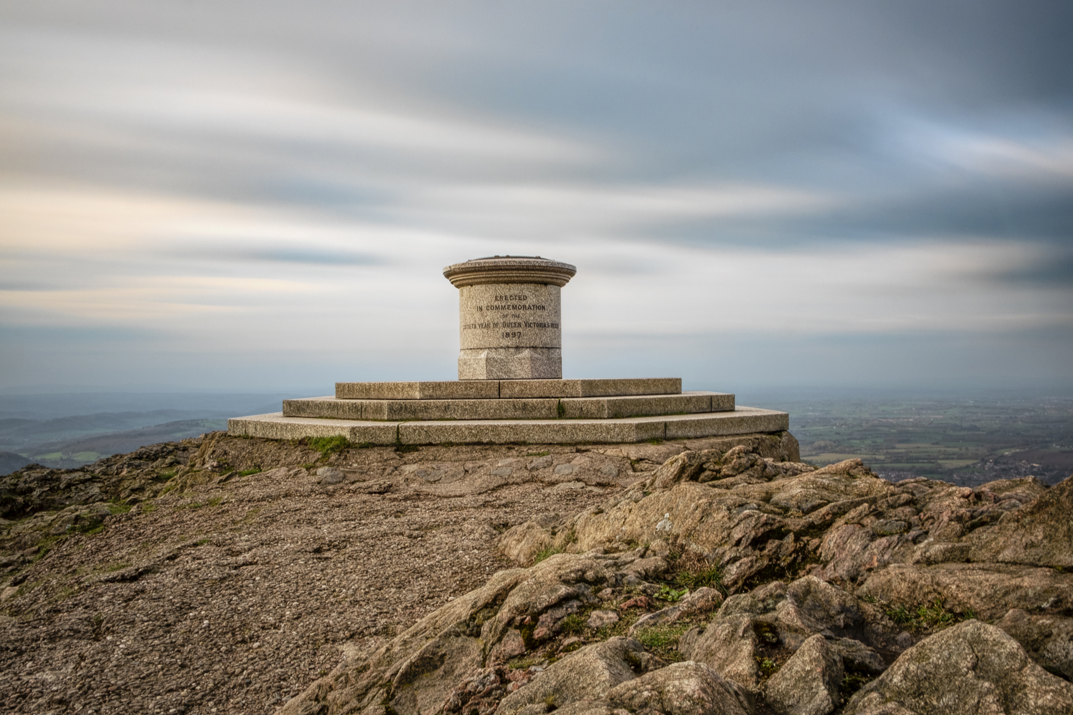 Worcestershire Beacon summit in the Malvern Hills overlooking the Worcestershire countryside