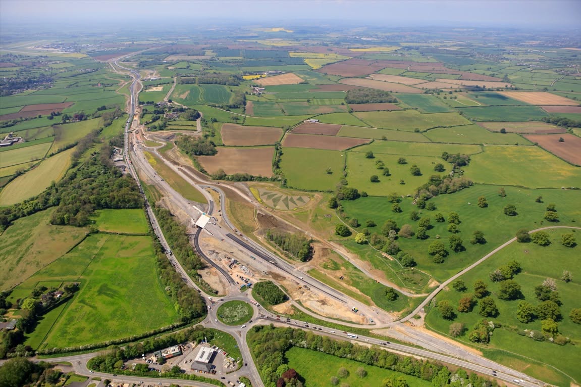 Aerial view of the A303 and countryside near Sparkford, Somerset