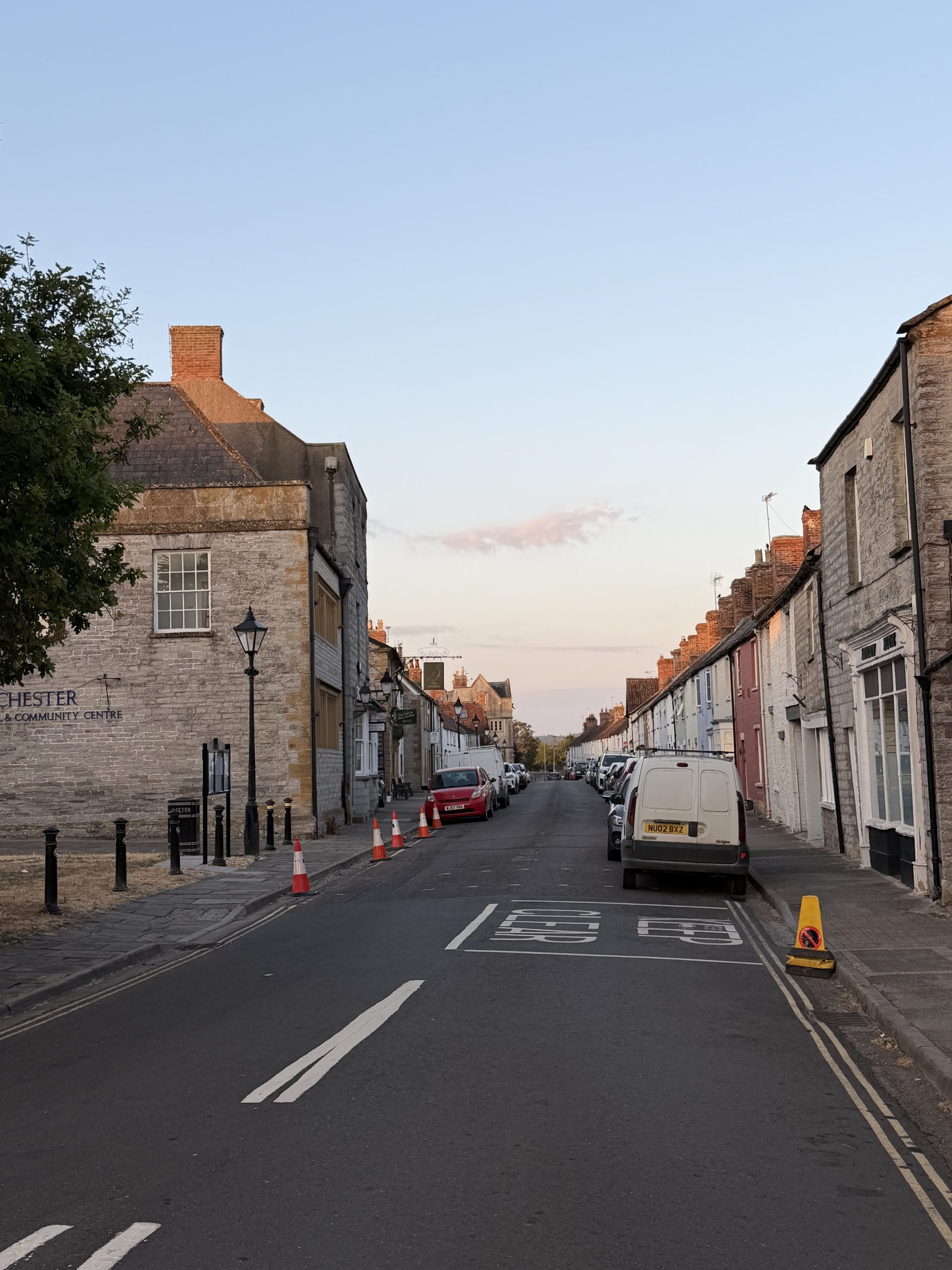 Traditional homes and historic street beside Ilchester Town Hall in Somerset