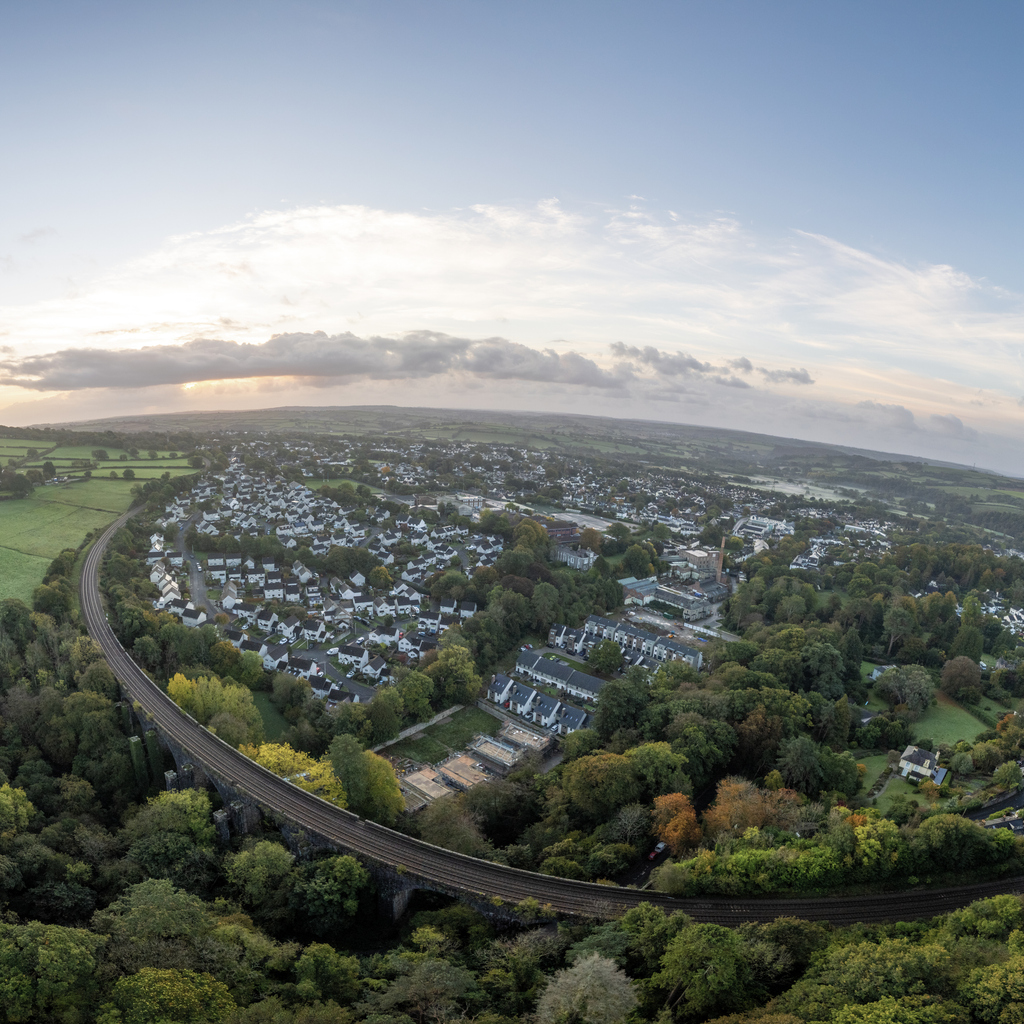Aerial view of Ivybridge in South Devon with Dartmoor in the distance
