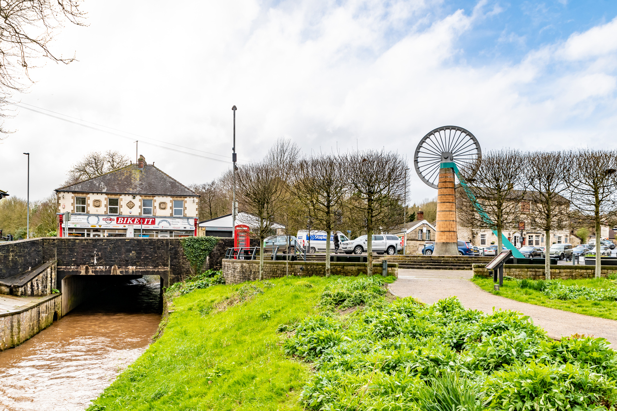 Radstock Memorial Garden and historic mining wheel in Radstock, Somerset