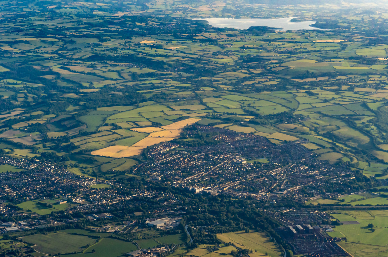 Aerial view of Radstock surrounded by the North East Somerset countryside