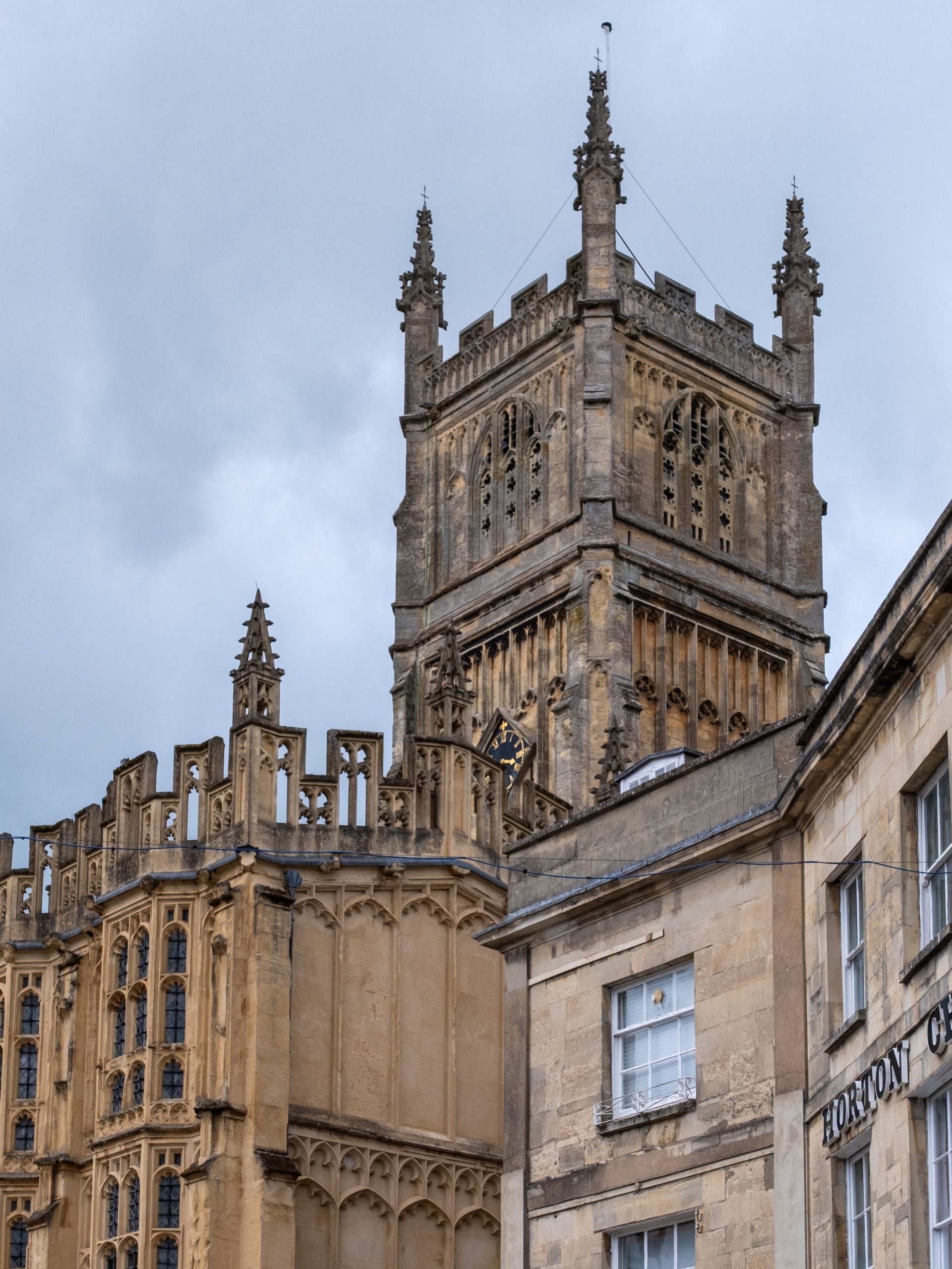 Sherborne Abbey tower and historic buildings in Sherborne, Dorset
