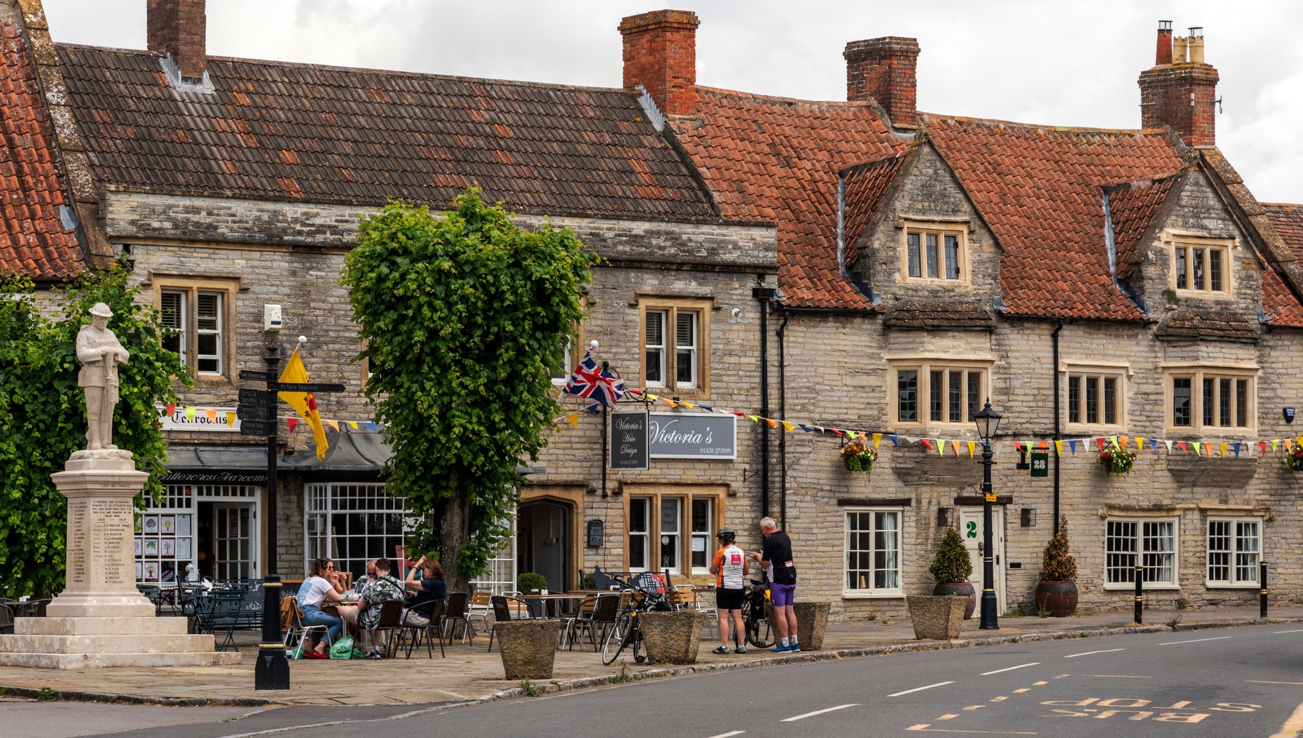 Historic town centre and war memorial in Somerton, Somerset