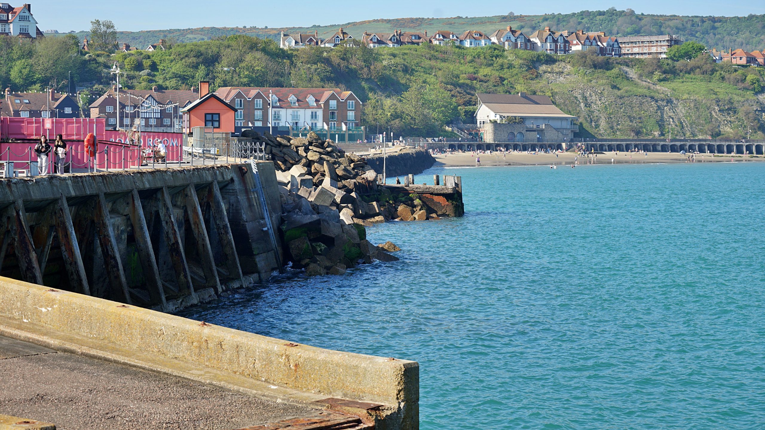 Swanage Bay and seafront with homes overlooking the beach in Dorset