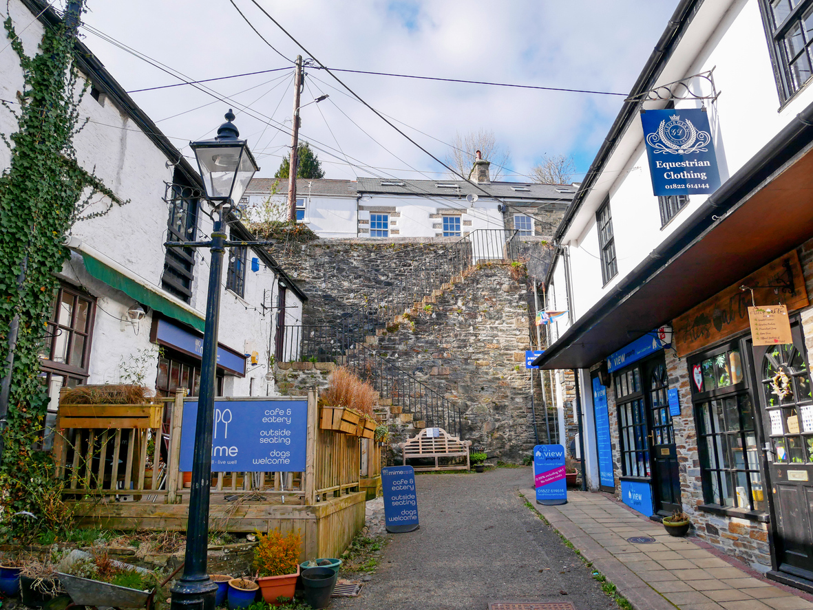 Independent shops and historic buildings in Tavistock town centre, Devon