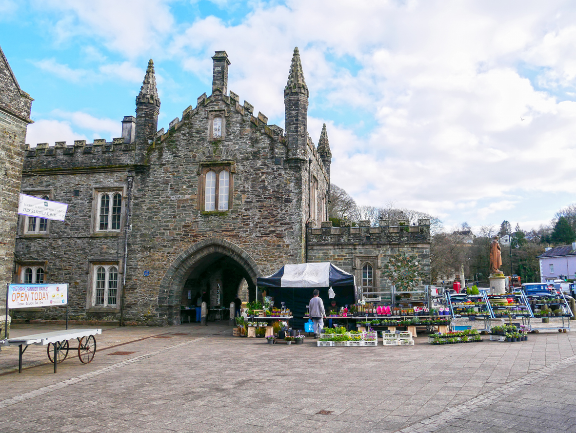 Tavistock Guildhall and market in the historic centre of Tavistock, Devon