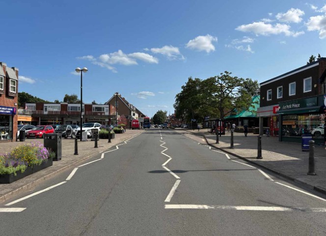 Victoria Road and local shops in Ferndown, Dorset