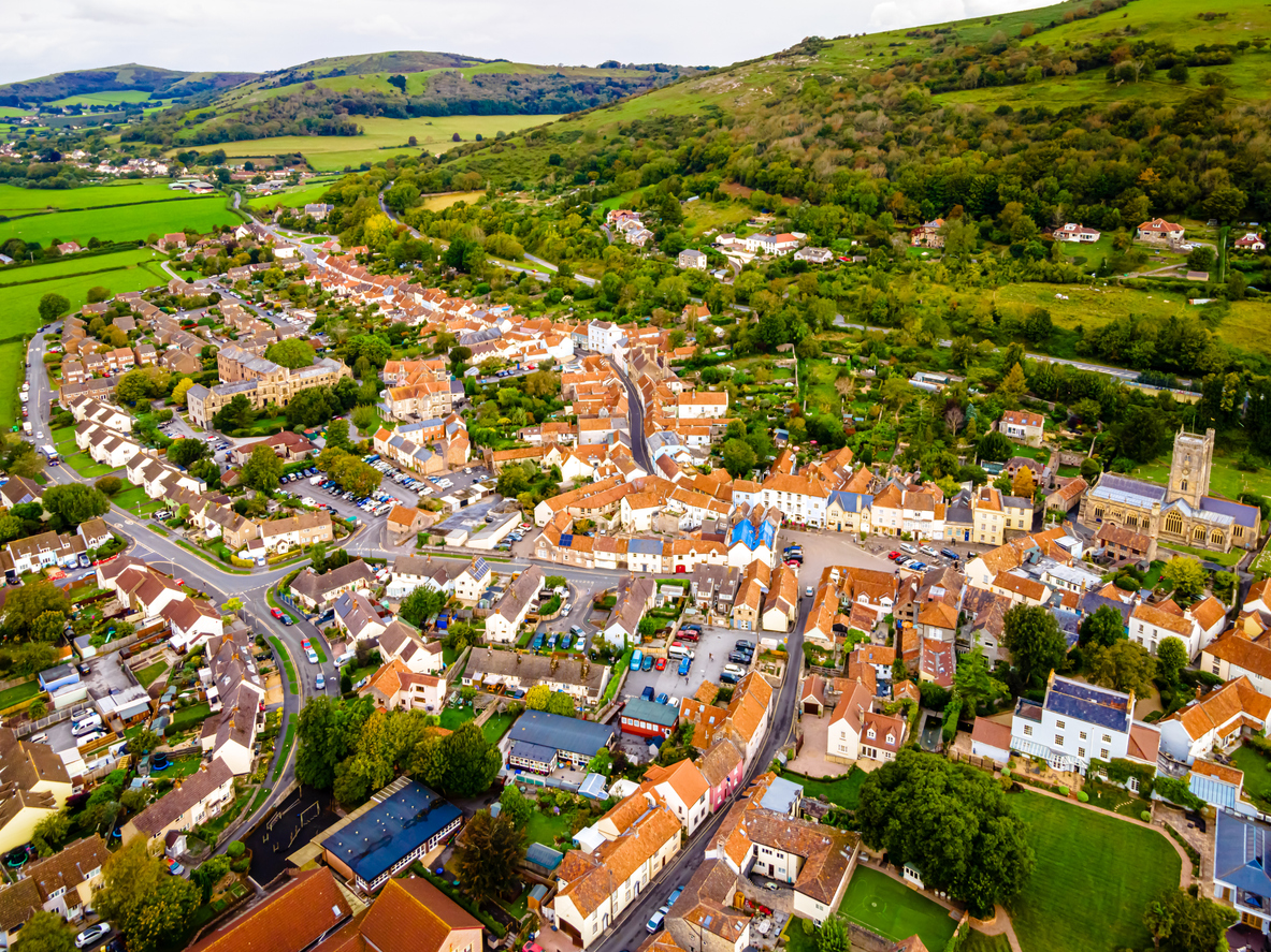 Aerial view of Axbridge in Somerset beneath the Mendip Hills