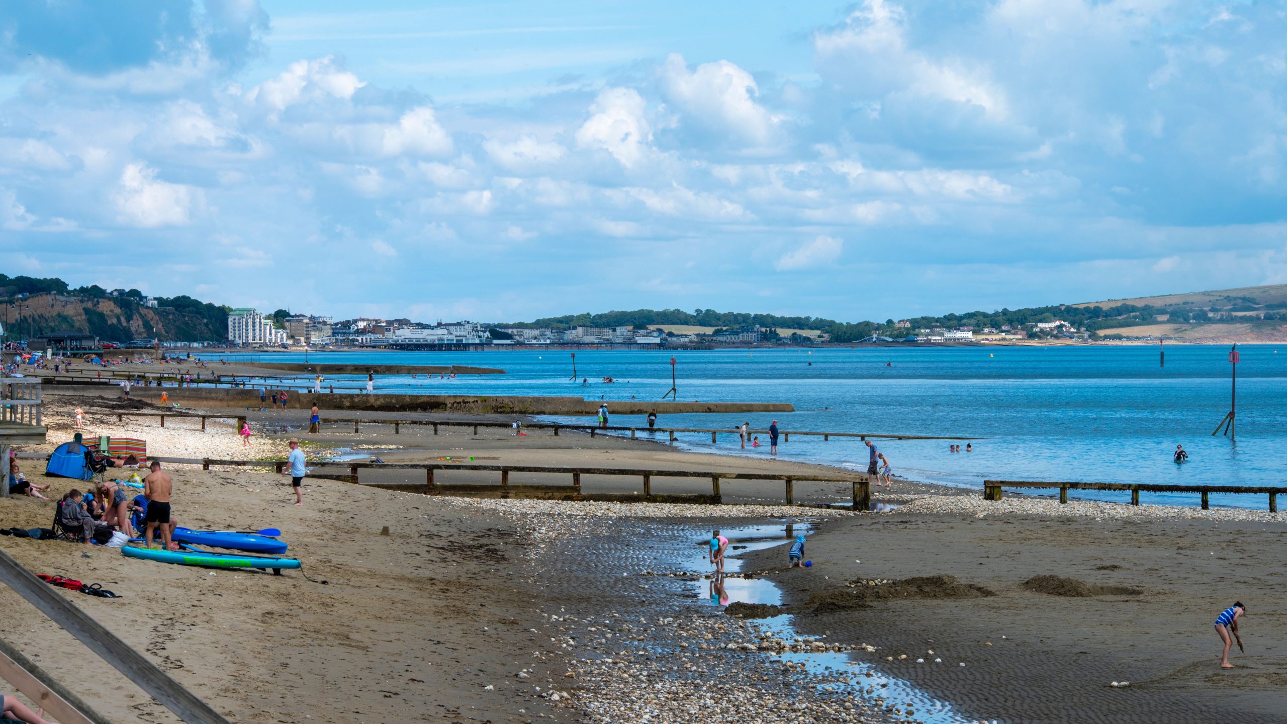 Weymouth beach and bay with the town in the distance, Dorset