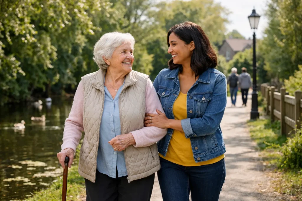 Live-in carer supporting an older woman on a walk beside a canal