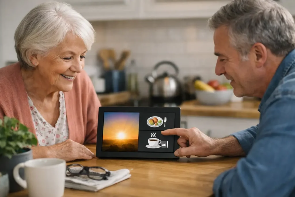 Older woman checking an easy-read dementia day clock in her kitchen