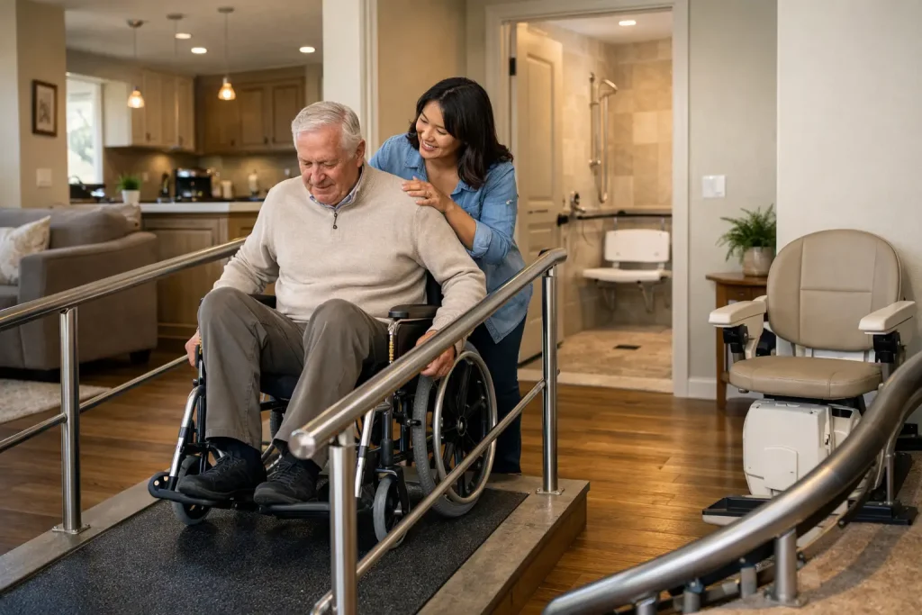 Older man using a wheelchair on an indoor access ramp in an adapted home