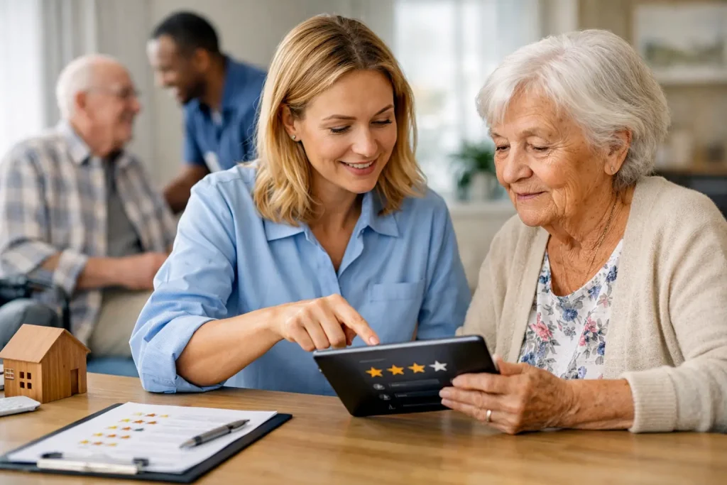 Older woman and adult daughter comparing live-in care providers with a care adviser