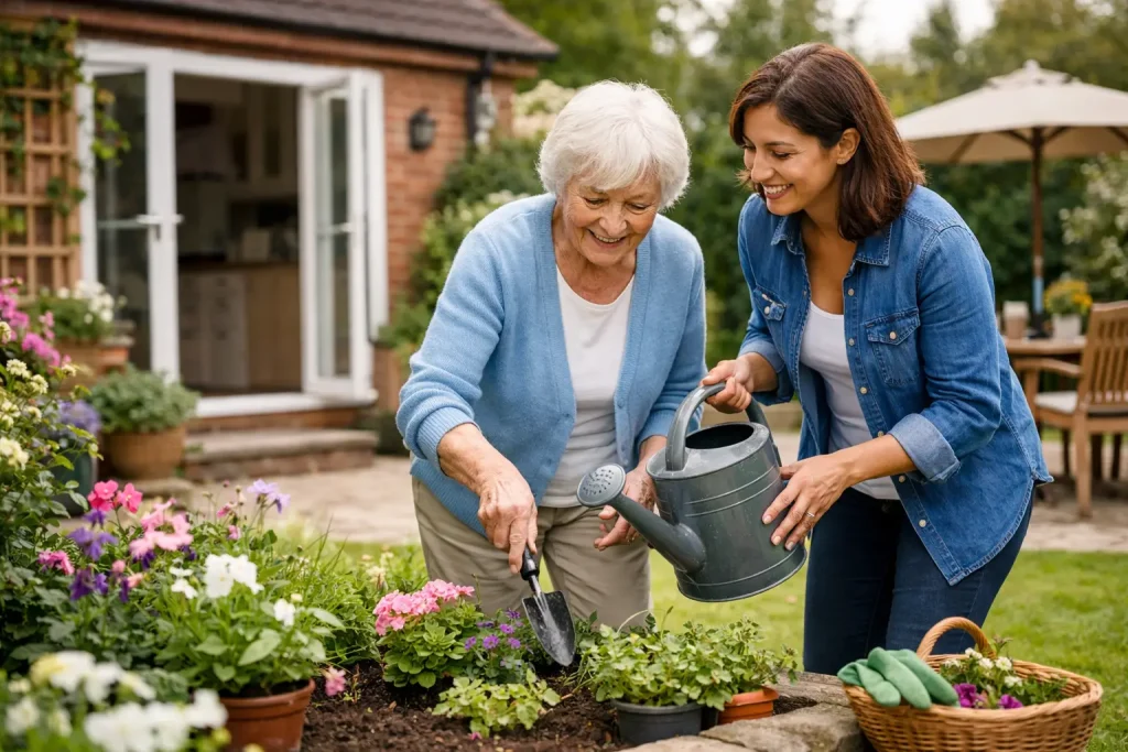 Older woman gardening with support from a live-in carer at home