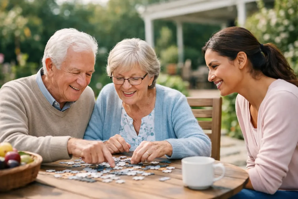 Older couple completing a jigsaw together with support from a live-in carer