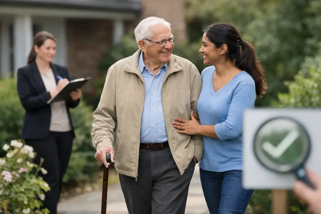 Older man walking with a live-in carer while a care manager oversees support at home