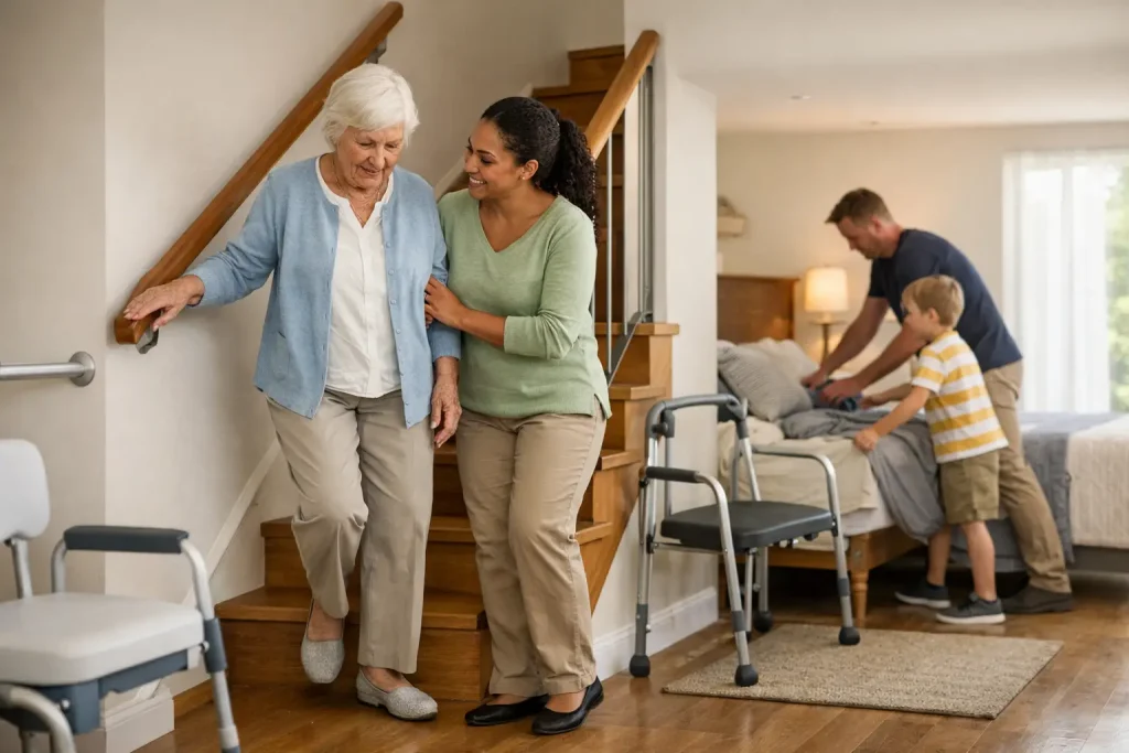 Older woman receiving support on the stairs while her family prepares a bedroom for live-in care