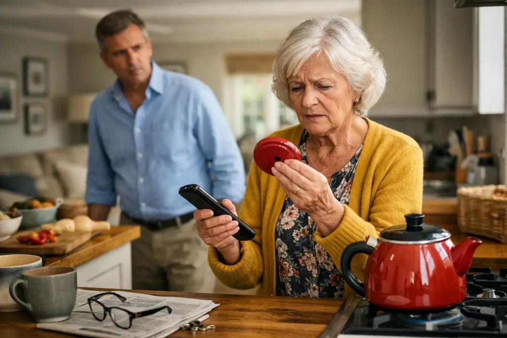 Older woman appearing confused by familiar household items while a relative looks on