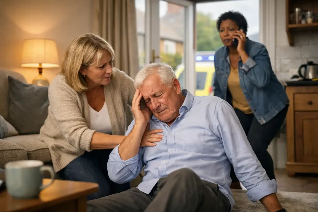 Woman calls 999 while another supports an older man showing possible stroke symptoms at home