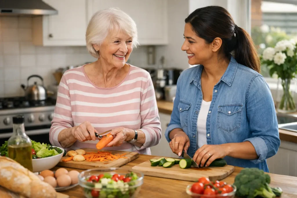 Older woman preparing a meal with one-to-one support from a live-in carer