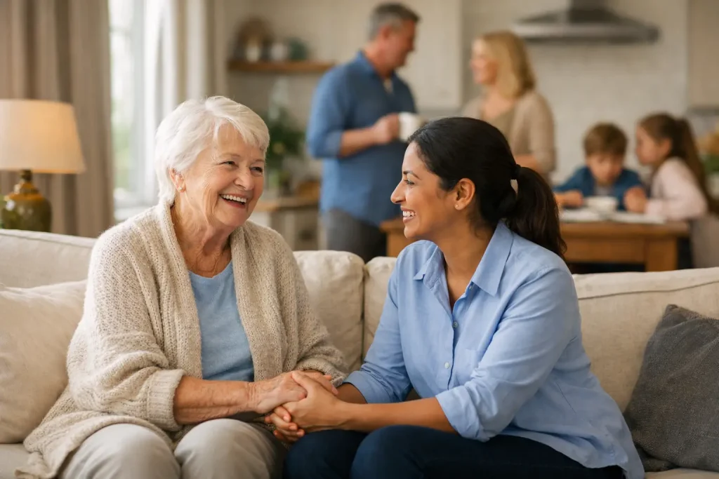 Live-in carer providing companionship to an older woman at home