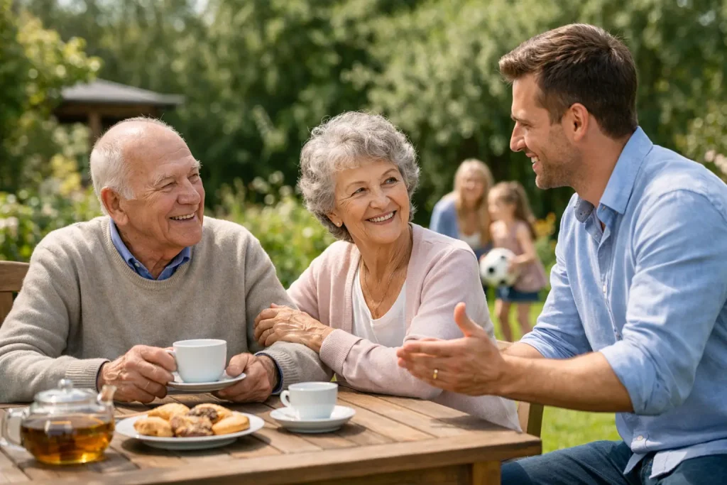 Older couple talking with a live-in carer in their garden at home