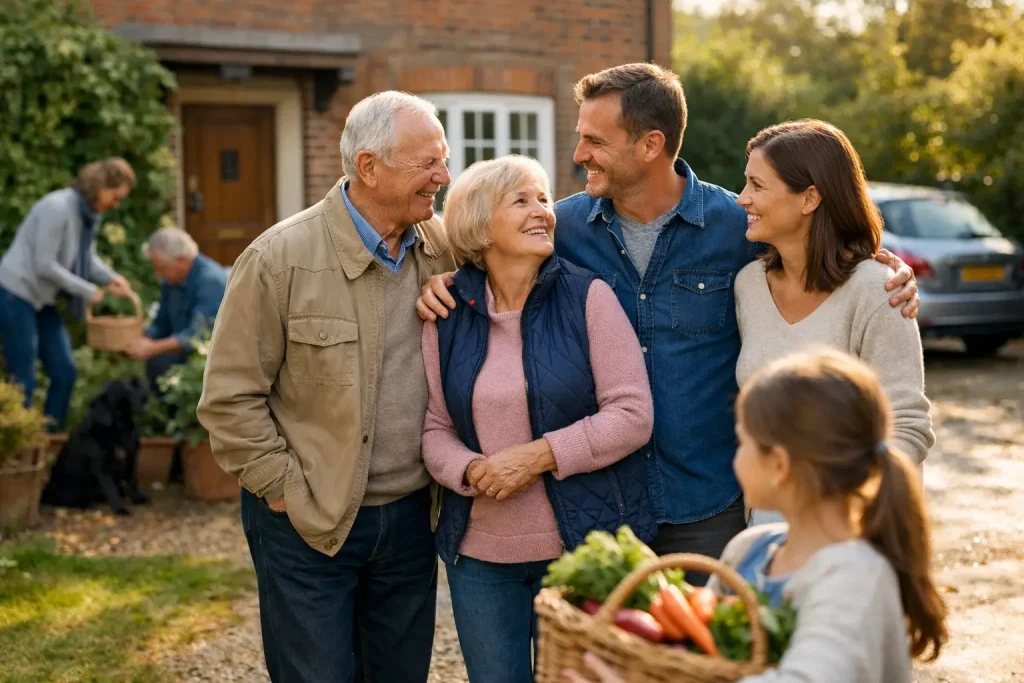 Older couple spending time with their family outside their home
