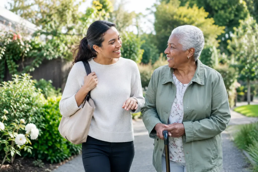 Older woman discussing her care needs with another woman while walking outdoors