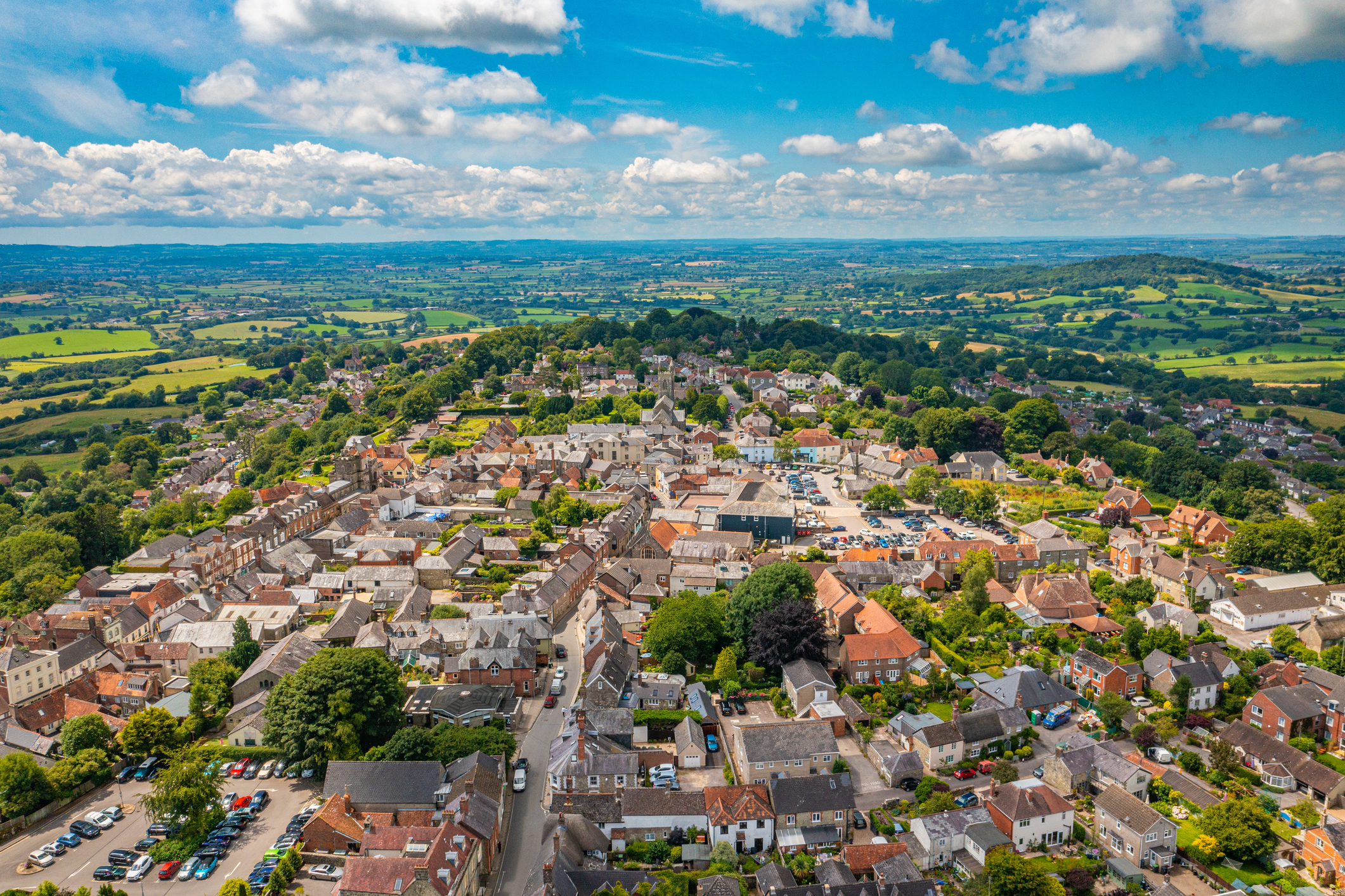 Aerial view of Shaftesbury town and surrounding North Dorset countryside