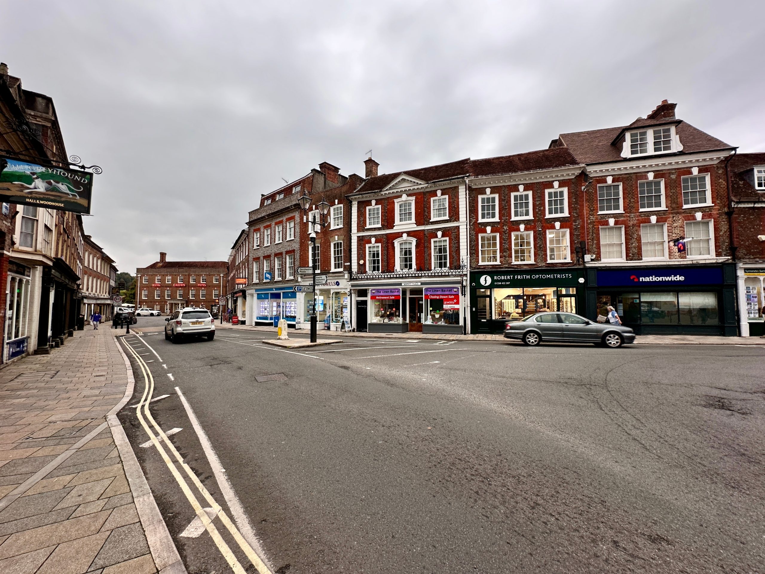 Blandford Forum town centre with shops and Georgian buildings in Dorset