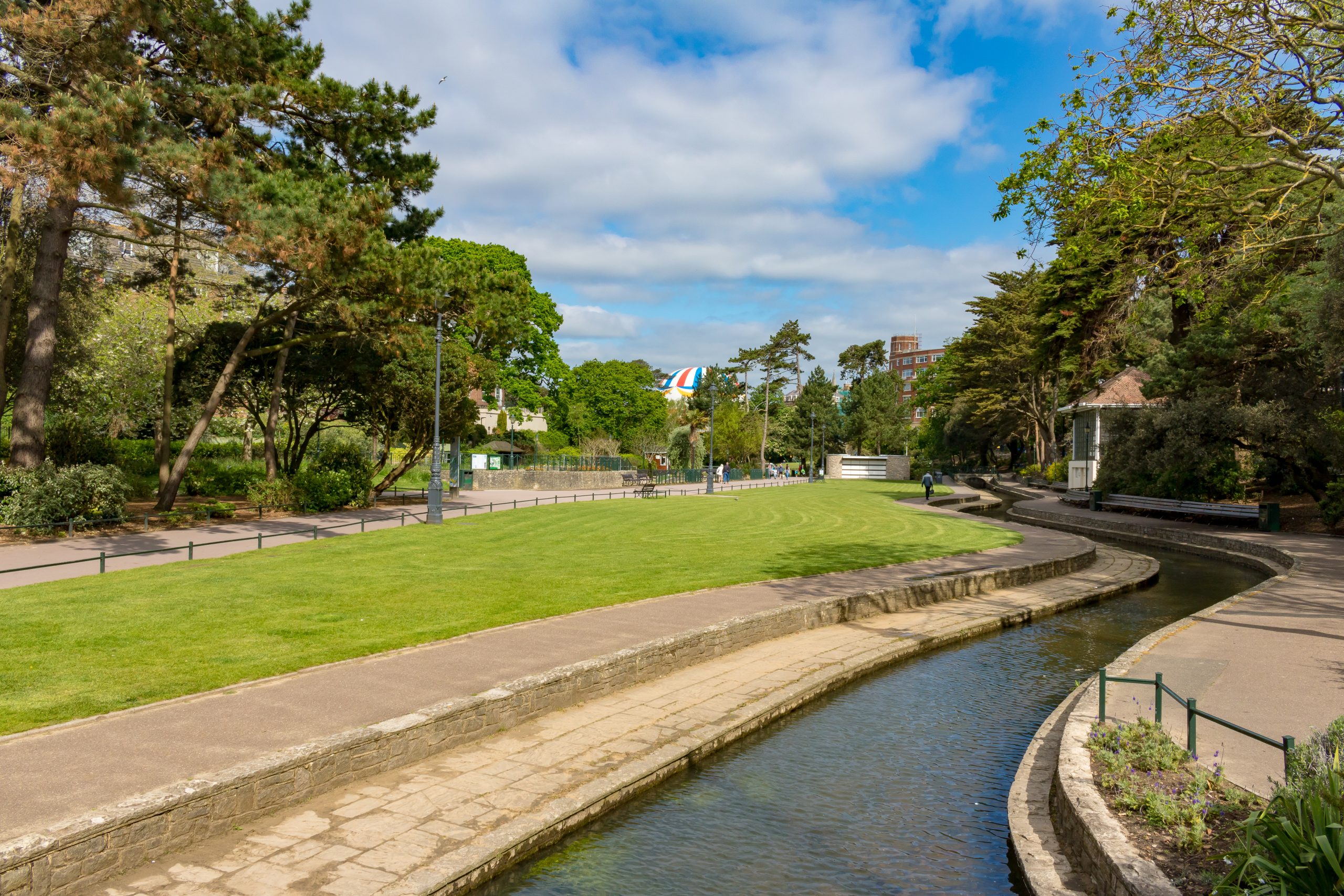 Lower Gardens with lawns and stream in Bournemouth, Dorset